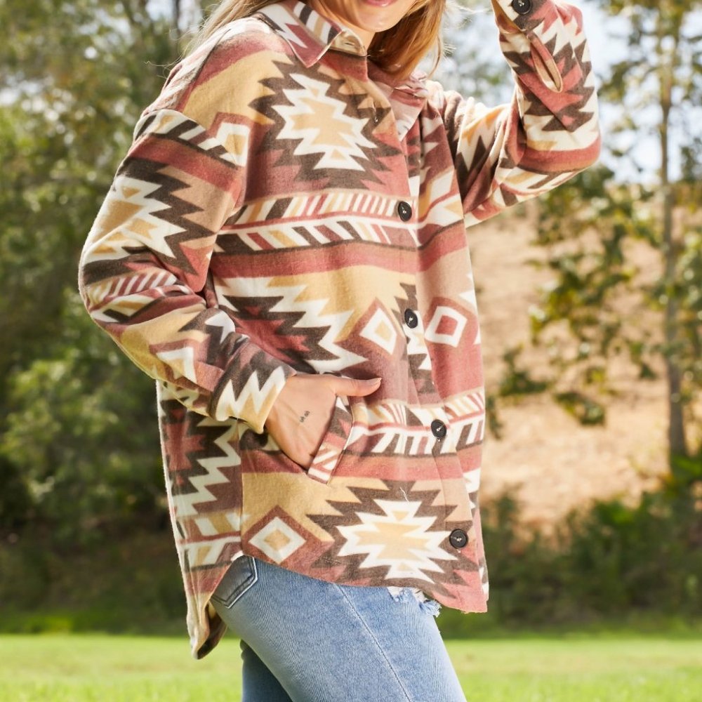 Zenana Firelit Night Full Size Brushed Geometric Print Shacket - Picture 6 of 8